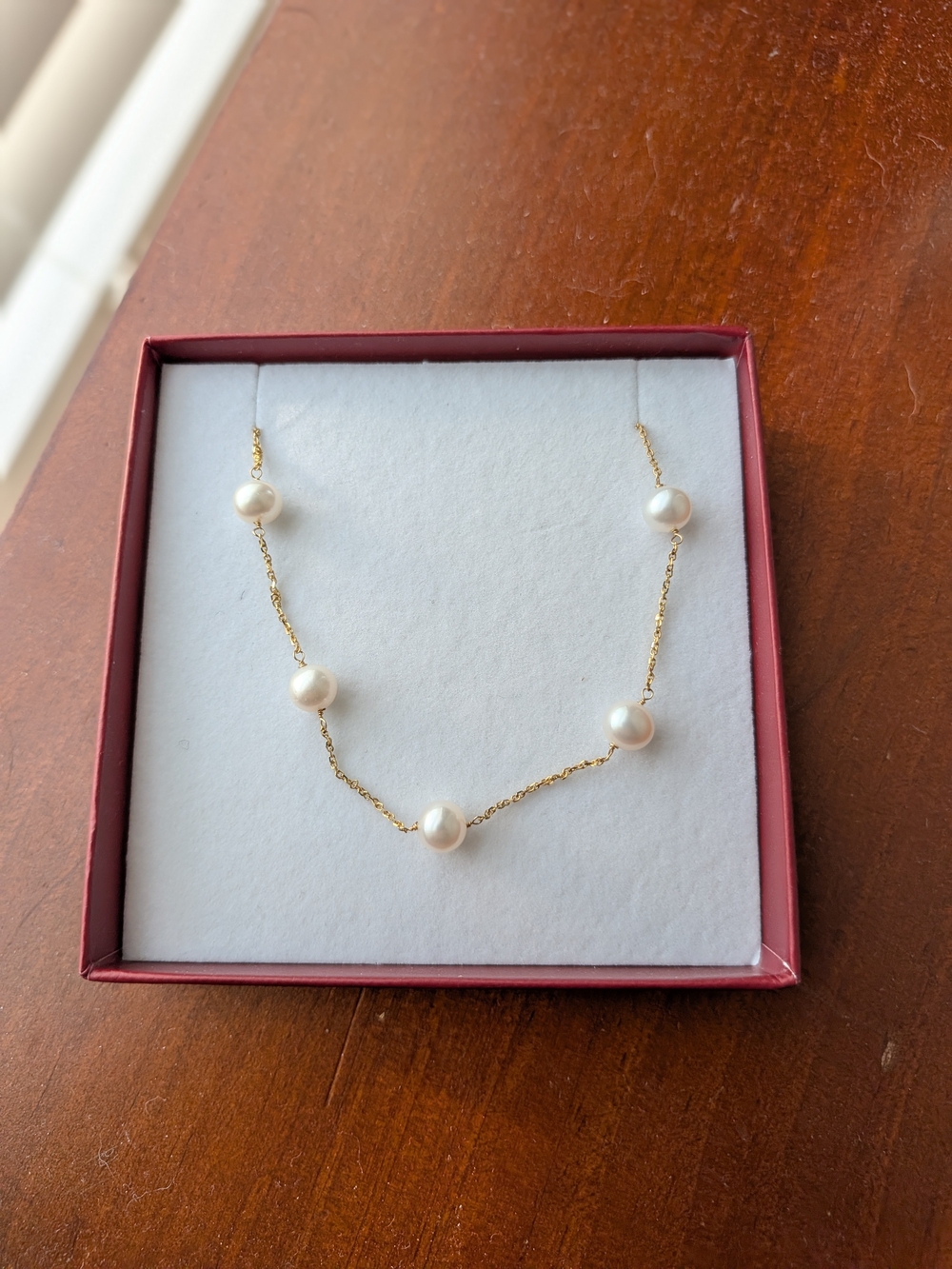 Gold Pearl Station Necklace - White Pearls